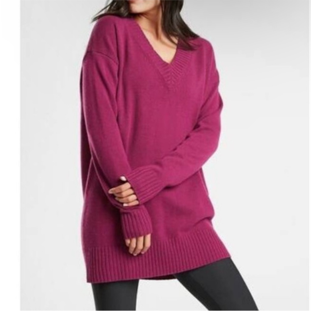 Athleta Vital V-Neck Tunic Wool Cashmere Longline Sweater Comfortable Classic